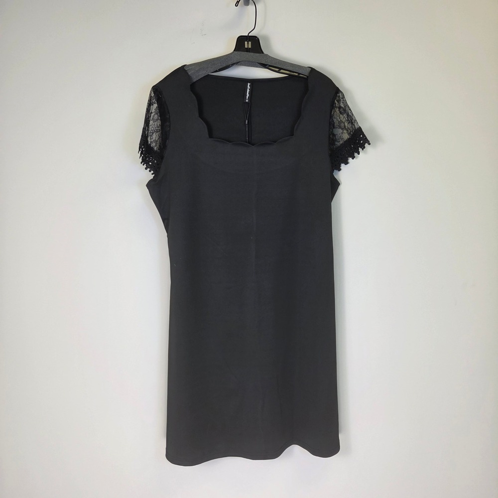 JustFashionNow Womens XXL Blk Scalloped Square Neck Lace Sleeve Shift Dress NEW